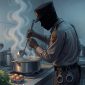 Seorang pria berseragam polisi sedang mengaduk masakan di dalam panci besar